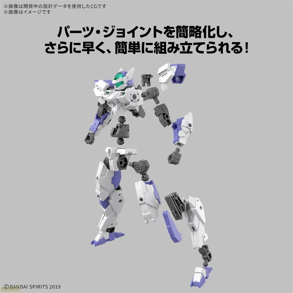 Un kit modèle de robot blanc et violet en pièces détachées sur fond gris.