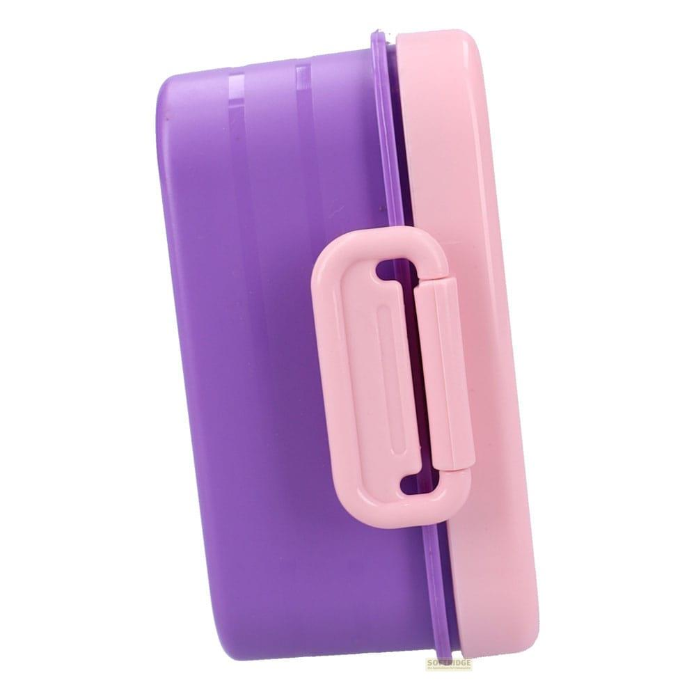 Un recipiente morado con un cierre rosa y una tapa rosa.