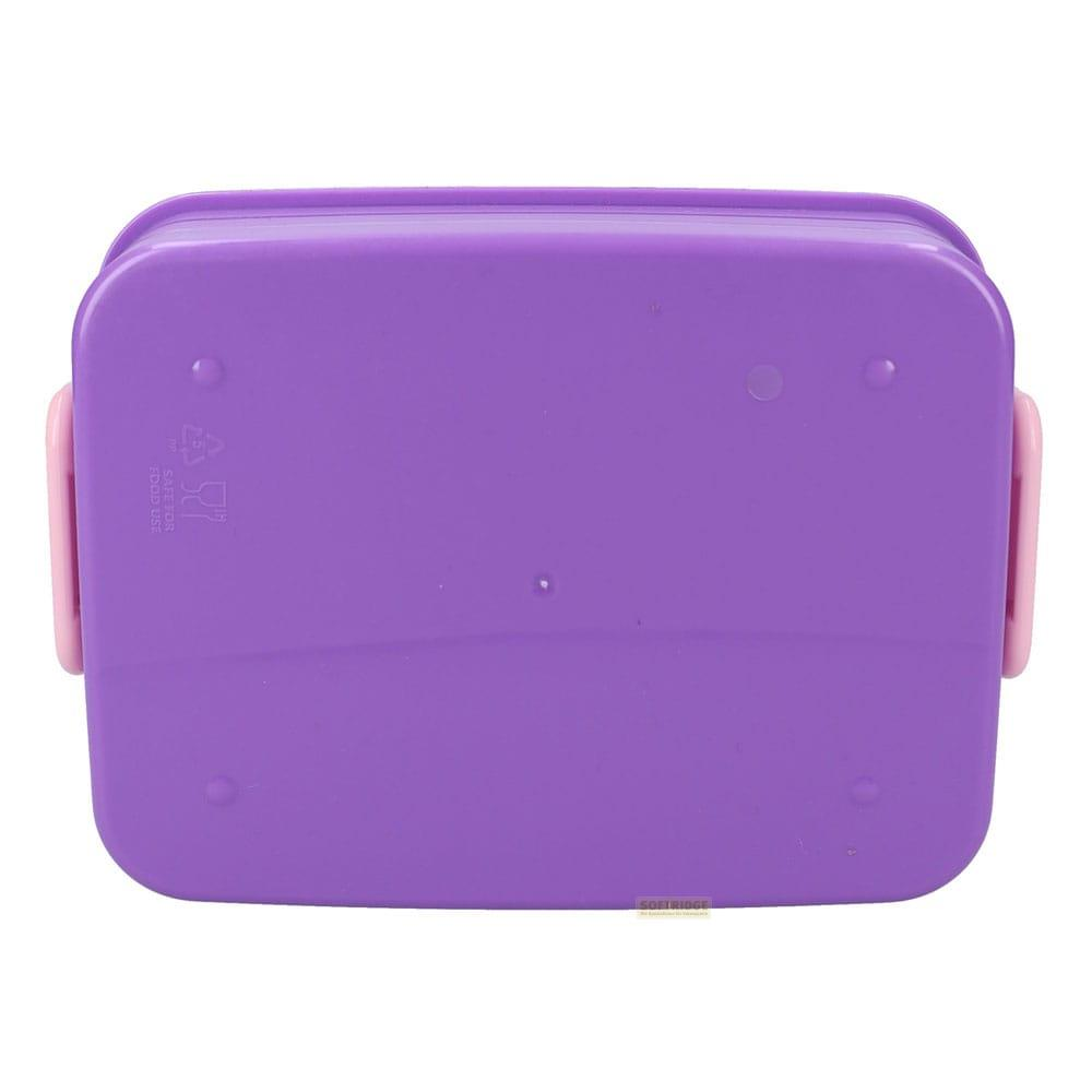 Contenedor morado con cierres rosas. La parte inferior muestra símbolos.