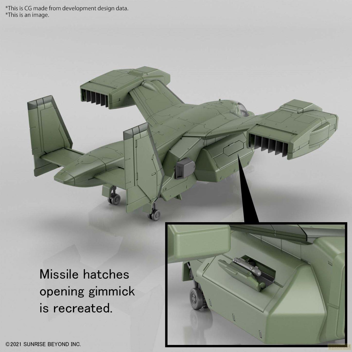 Modèle d'avion vert avec trappes de missiles.