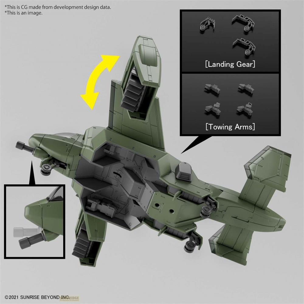 Modèle d'avion vert avec train d'atterrissage déployé et bras de remorquage attachés.