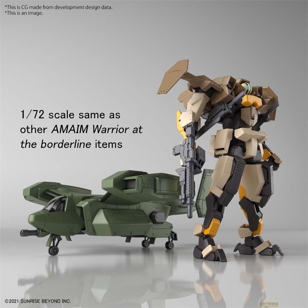 Un avion vert à côté d'une figurine mécha beige et jaune tenant une arme.