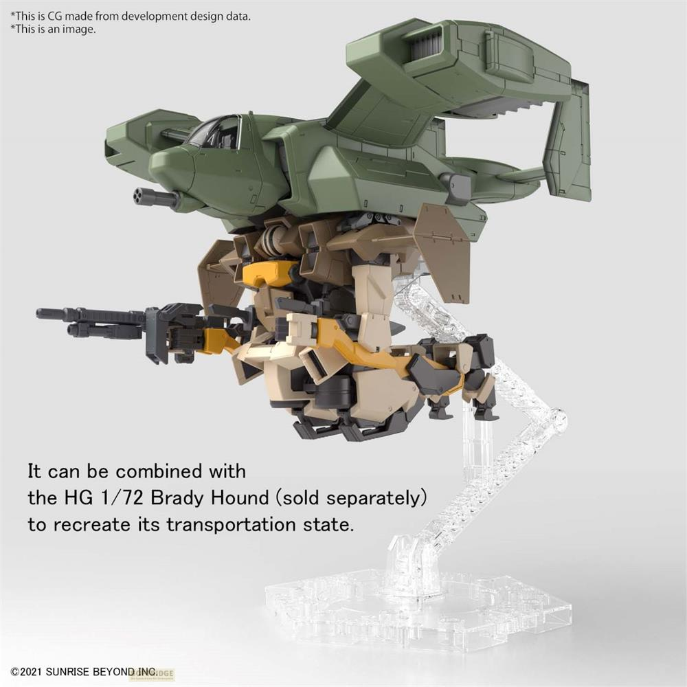 Avion de science-fiction vert et beige avec armes, exposé sur un support.