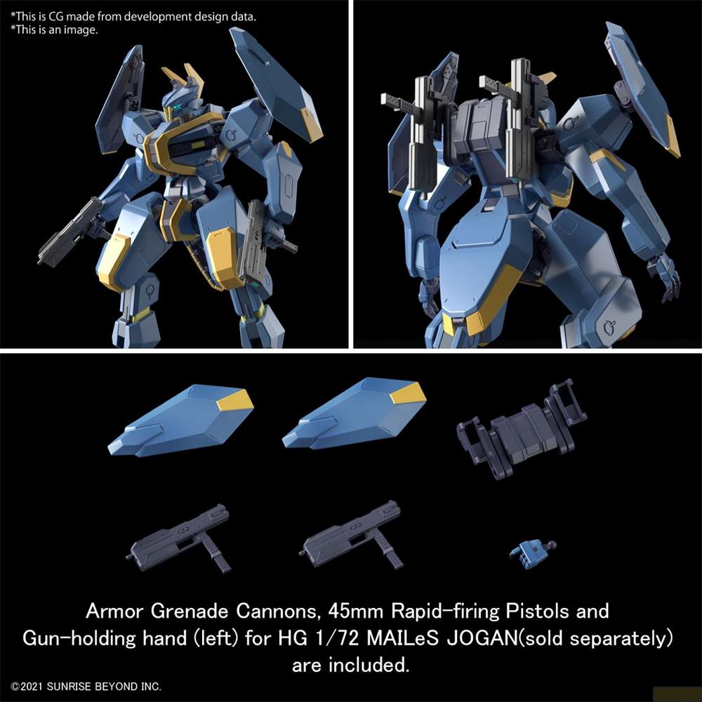 Un mecha bleu et jaune avec des armes. Des pièces accessoires sont montrées.