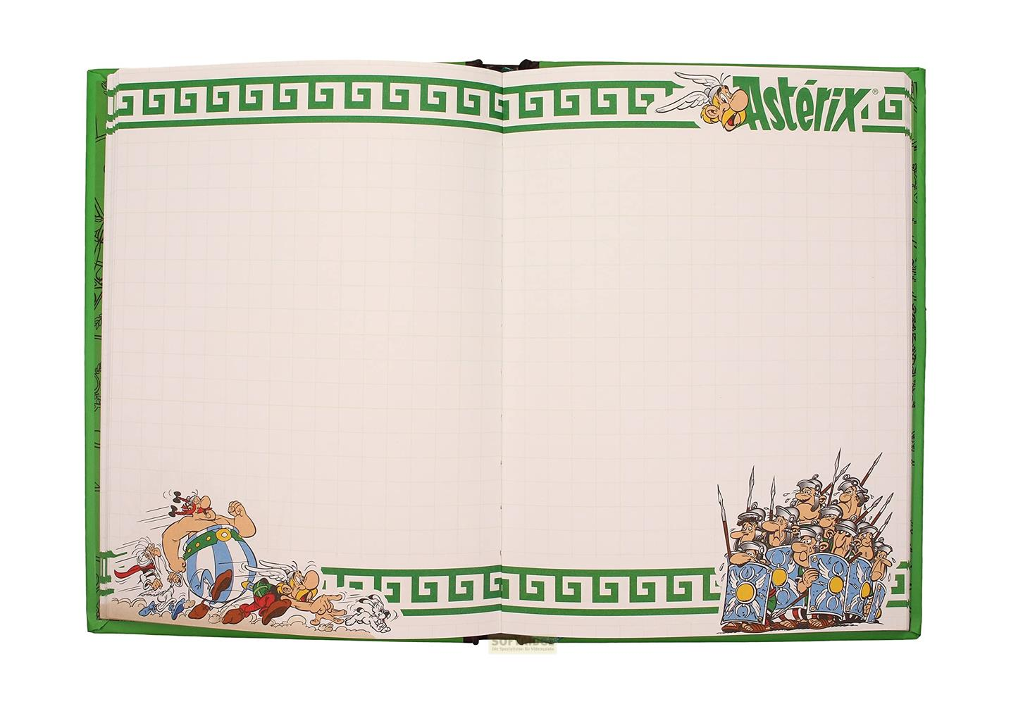 Ein aufgeschlagenes Notizbuch mit Asterix-Illustrationen am oberen und unteren Rand.