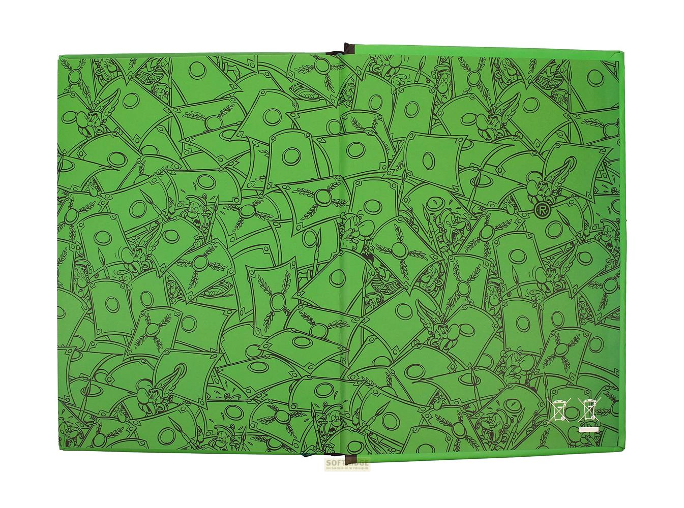 Grüner Buchdeckel mit schwarzen Comic-Figuren und Rüstungen im Überfluss.