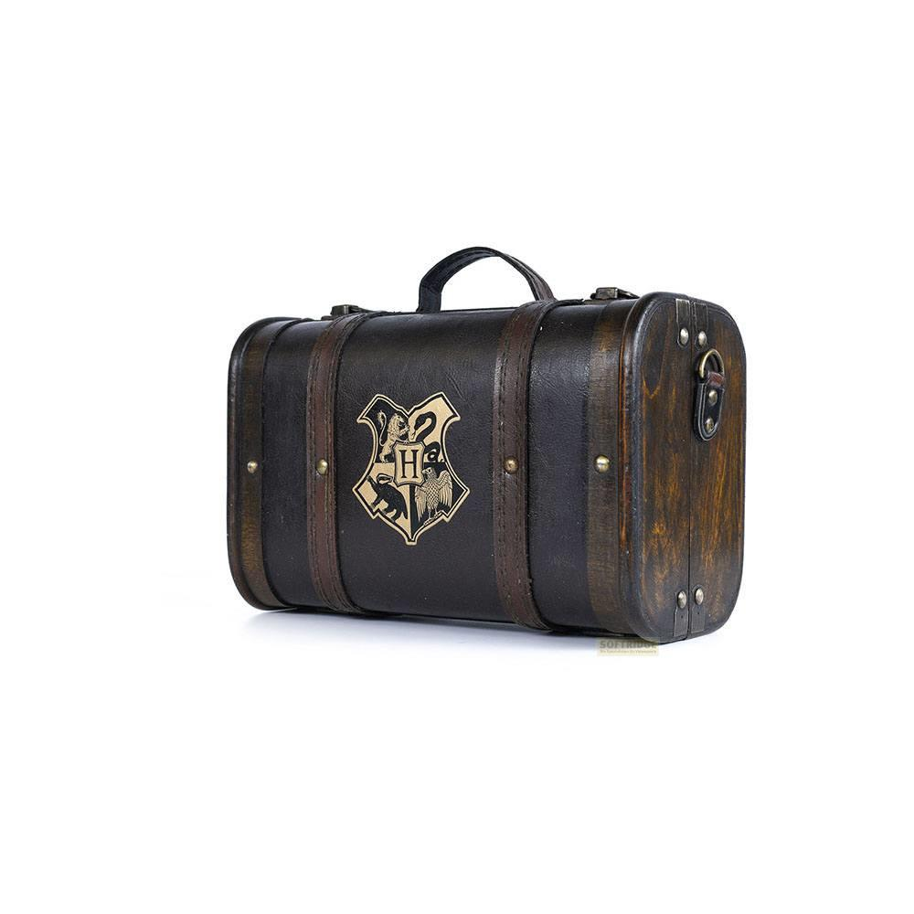 Eine braune Holzkiste mit Hogwarts-Wappen und Lederriemen.