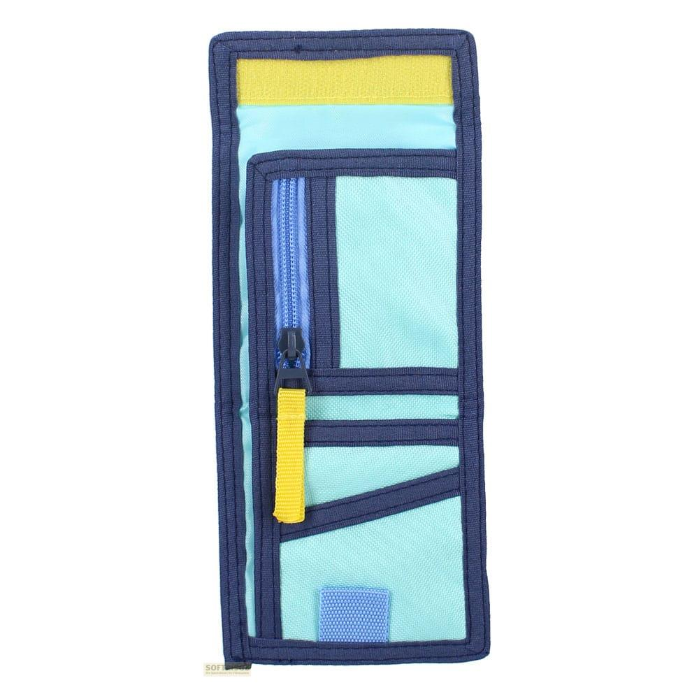 Una cartera colorida con cremallera y compartimentos en azul, turquesa y amarillo.