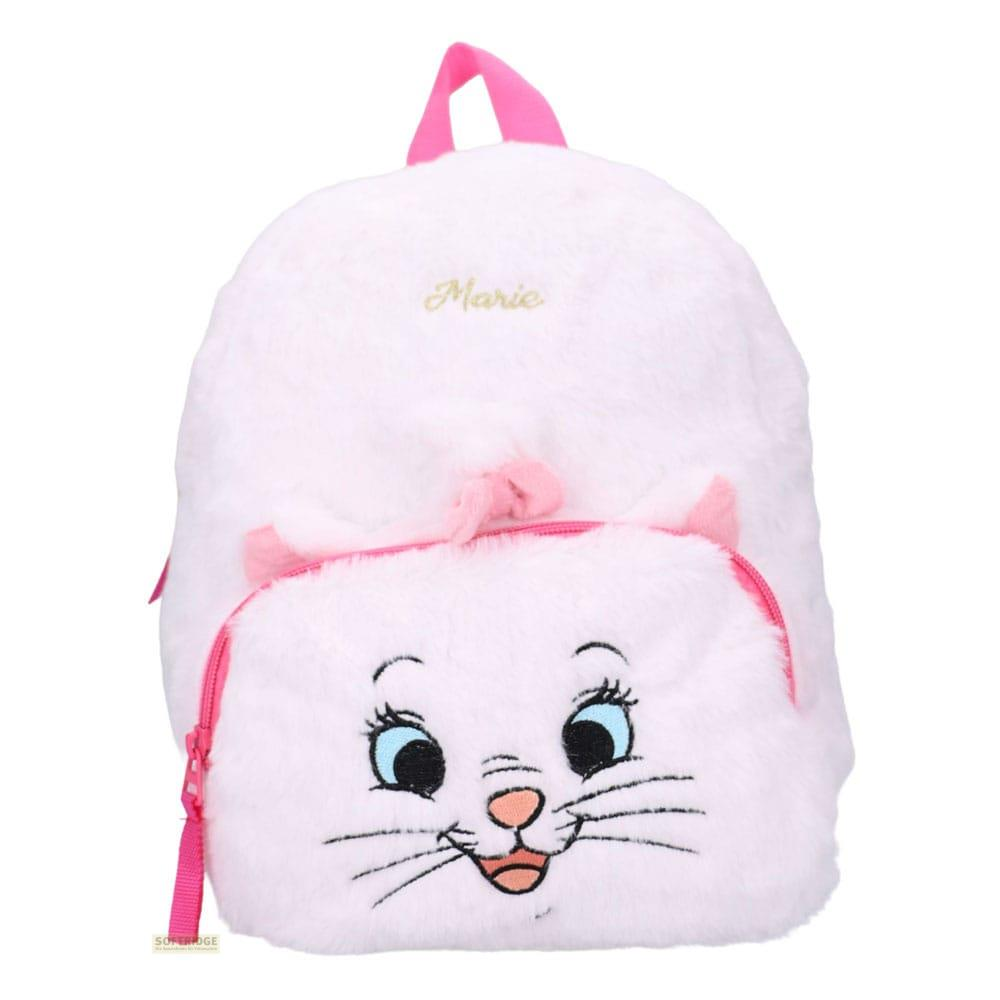 Mochila blanca y esponjosa con Marie la gata, cremallera y orejas rosas.
