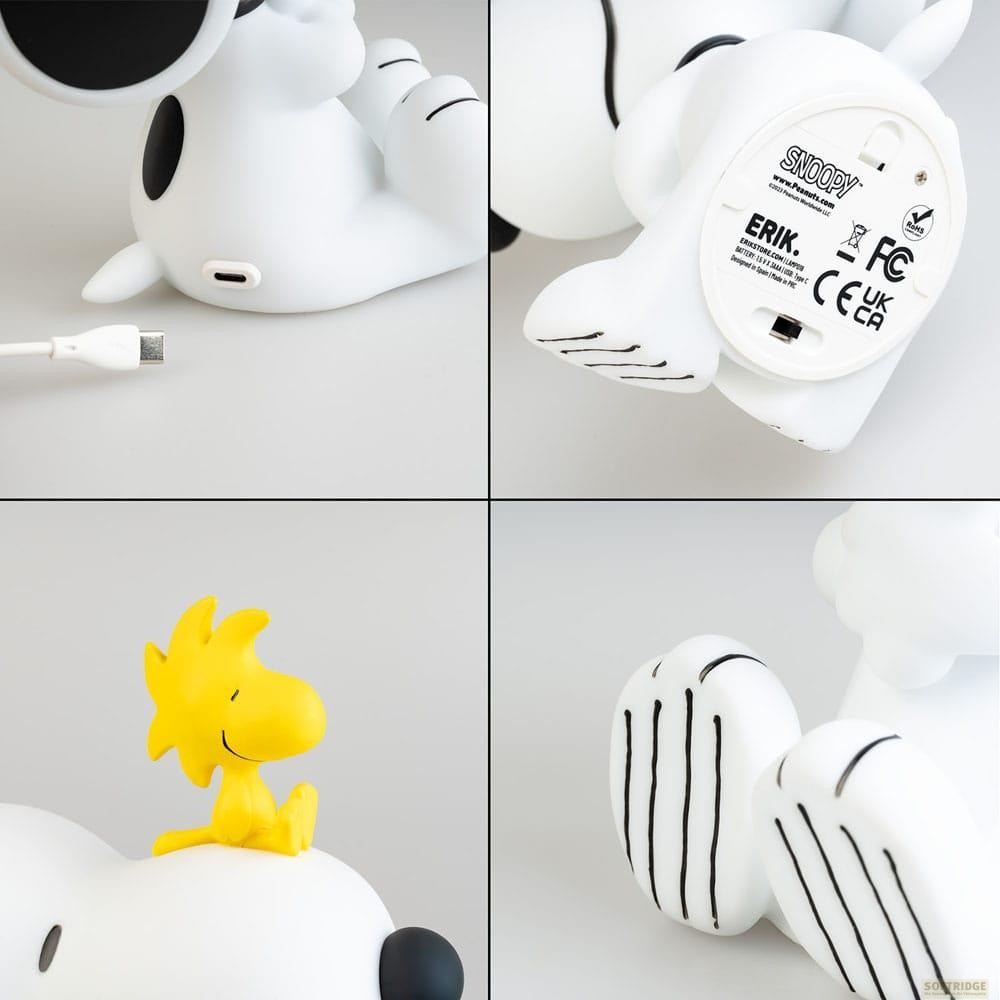 Lámpara blanca de Snoopy con Woodstock, puerto USB y detalles.