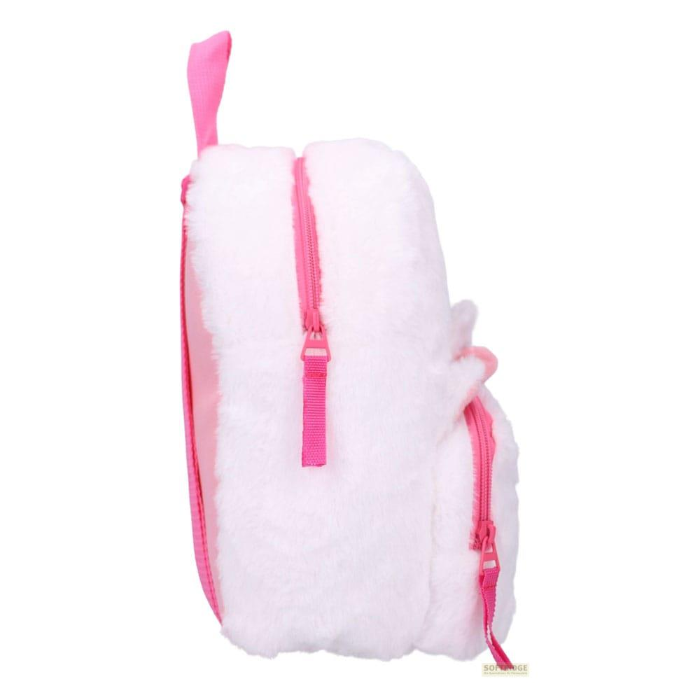 Una mochila blanca y esponjosa con cremalleras y tirantes rosas.