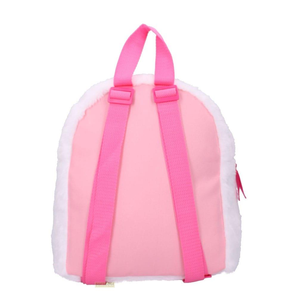 Una mochila blanca y esponjosa con correas y panel trasero rosas.