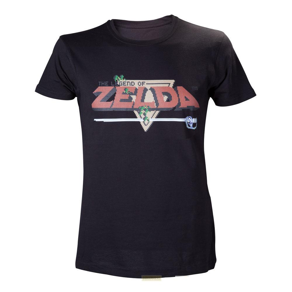 Schwarzes T-Shirt mit dem Titel "The Legend of Zelda" in Pixel-Optik.