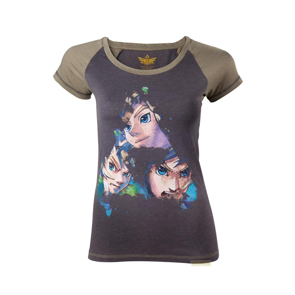 Dunkelgraues T-Shirt mit grünen Ärmeln und dem Druck von drei Anime-Gesichtern.