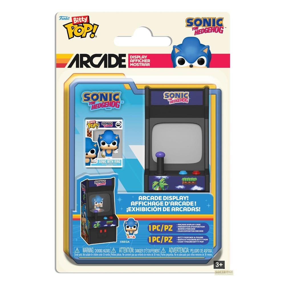 Exhibición Bitty Pop Arcade de Sonic the Hedgehog con figura. Diseño azul.