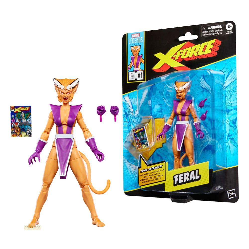 Figura de acción Feral Marvel Legends en morado y naranja con accesorios.