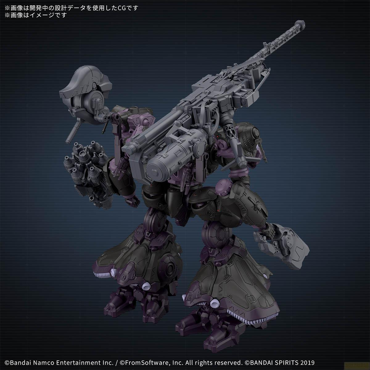 Un mécha gris foncé et violet avec un grand fusil et plusieurs armes.