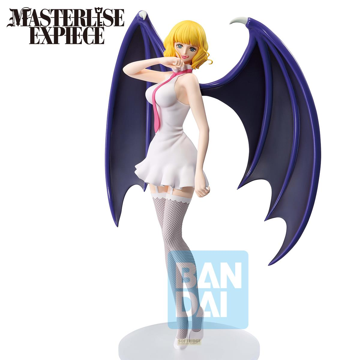 Figura con pelo rubio, vestido blanco, alas moradas y medias de red.