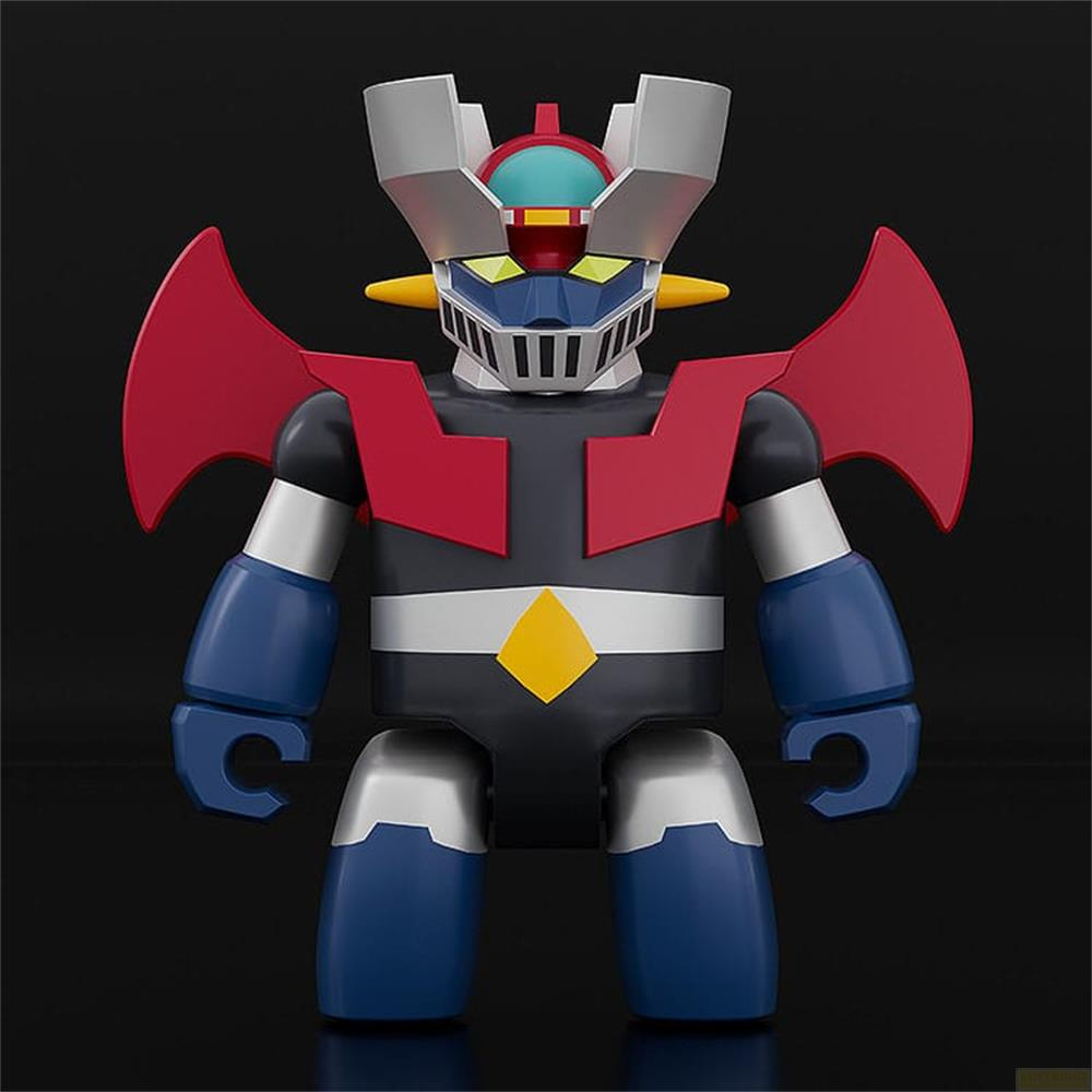 Un robot colorato con design rosso, blu, grigio e bianco su sfondo nero.