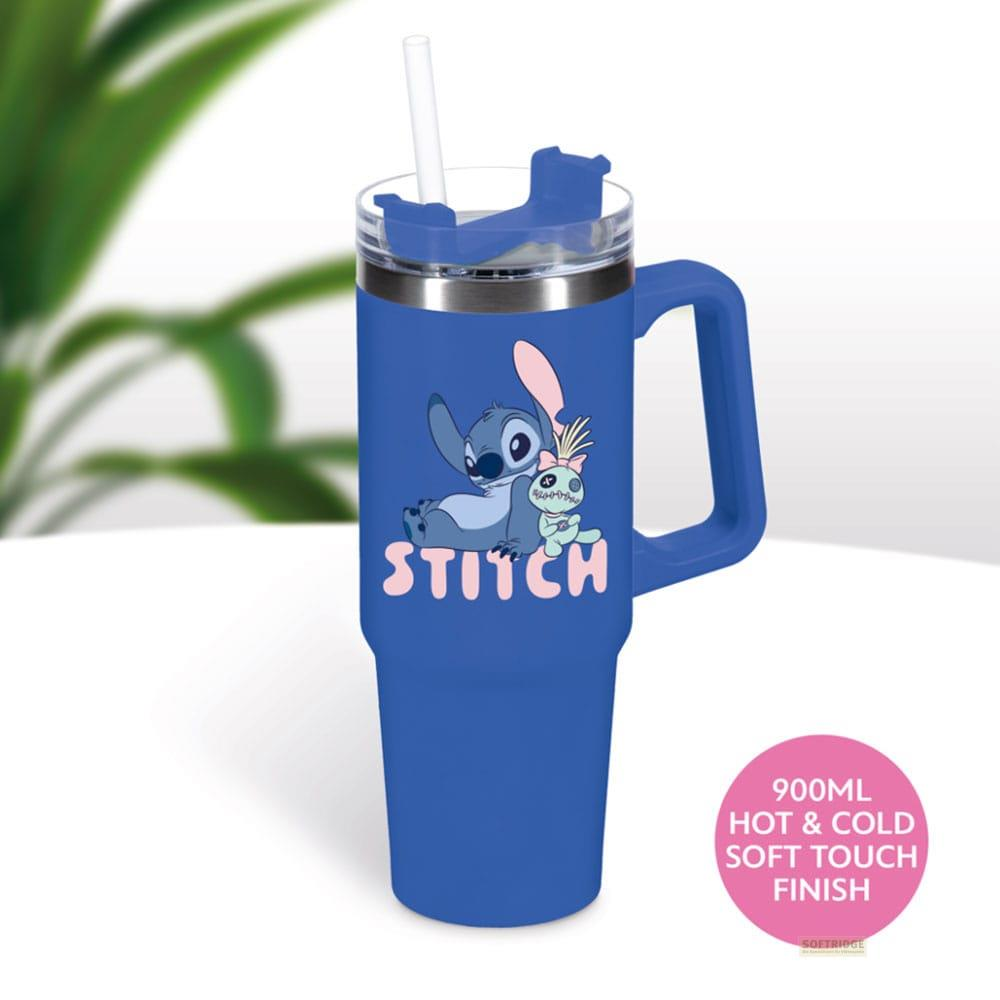 Niebieski kubek z grafiką Stitch i słomką. 900ml, Ciepły i Zimny.