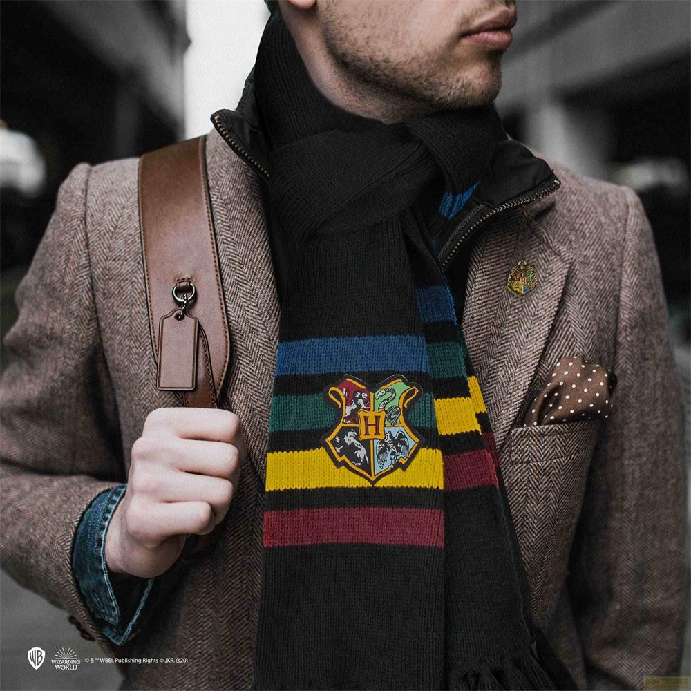 Mann mit Harry Potter Schal und Wappen-Anstecker. Brauner Tweed-Blazer.