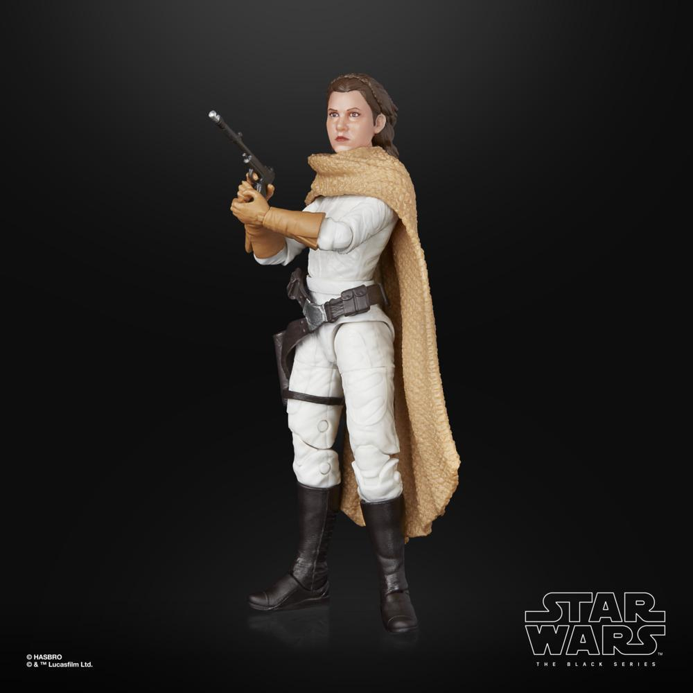 Figura de acción de la Princesa Leia vestida de blanco, con capa marrón y bláster.