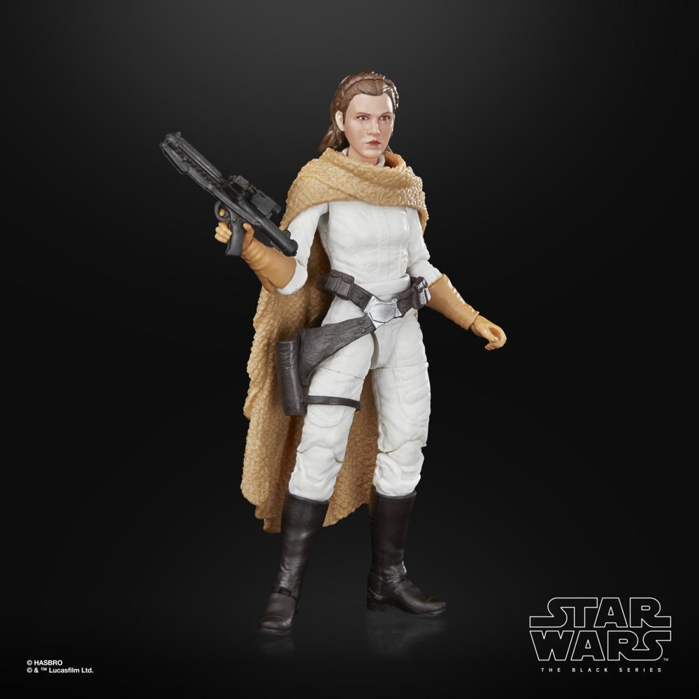 Figura de acción de Leia Organa con traje blanco, capa beige y rifle bláster.