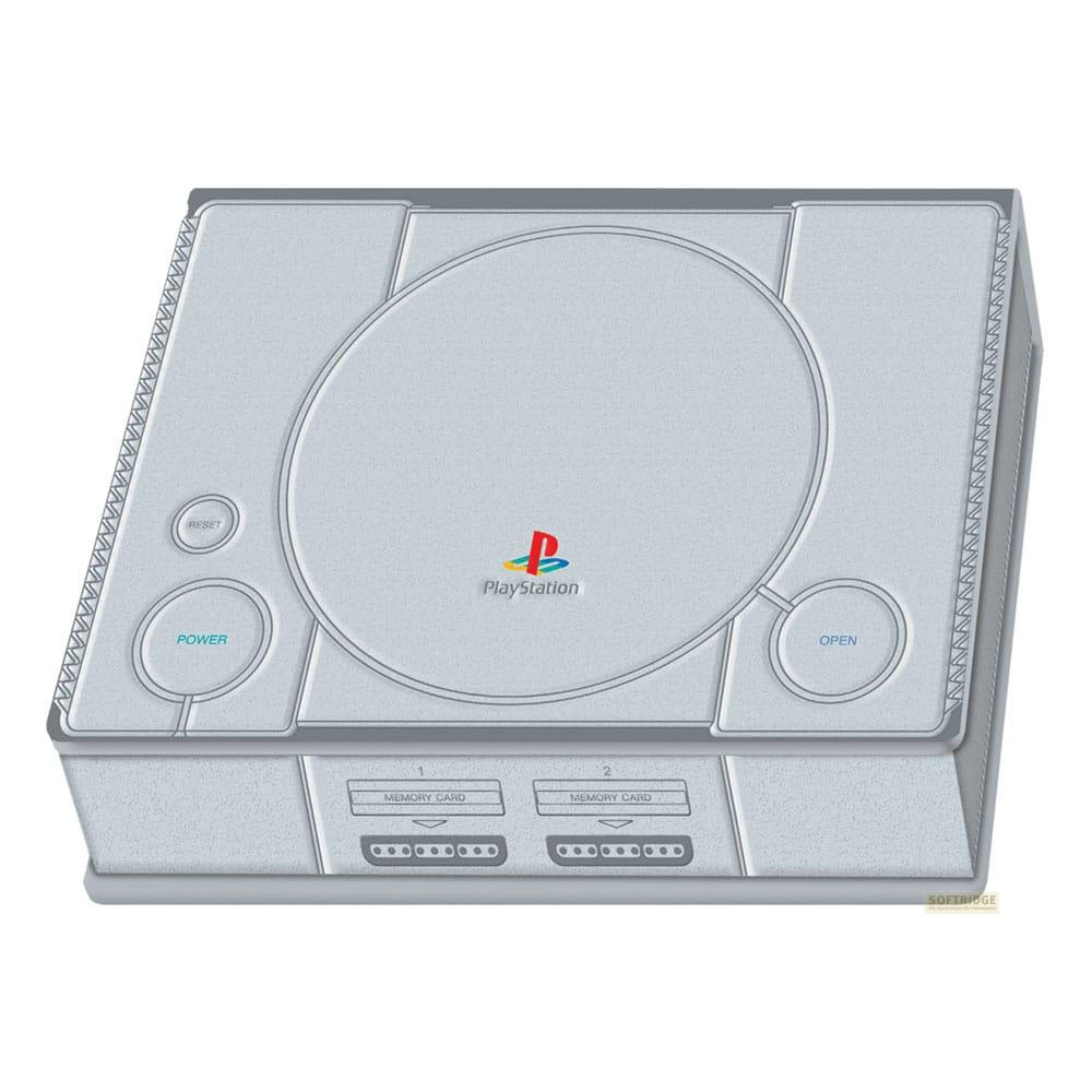 Un modelo de consola PlayStation plateada con botones de encendido, reinicio y apertura.