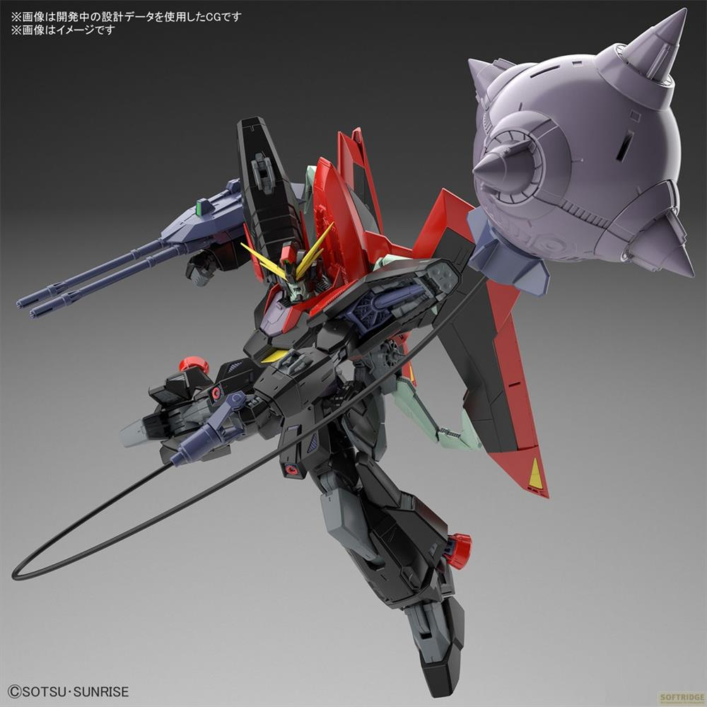 Un robot noir et rouge avec une grande arme sphérique à pointes.