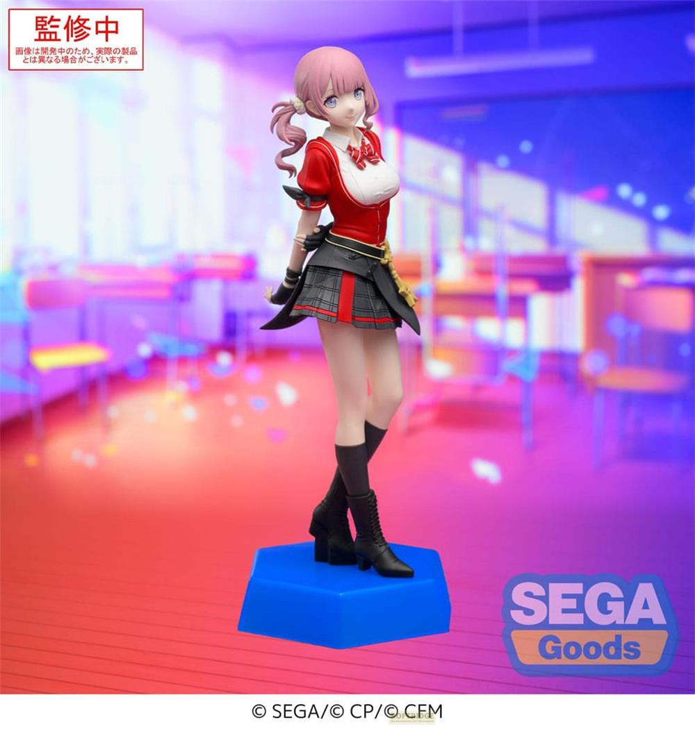 Anime-Figur einer jungen Frau in einem roten Oberteil und kariertem Rock, auf blauer Basis.