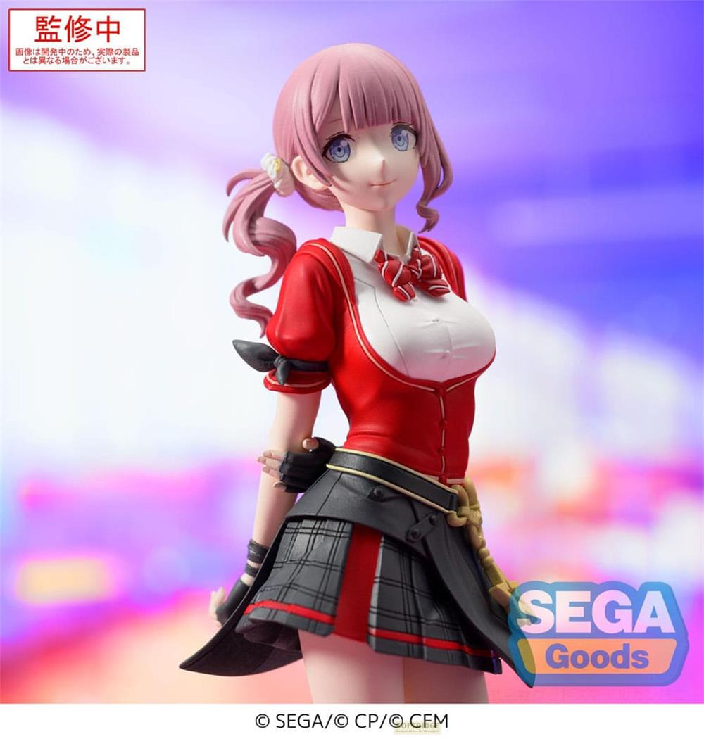 Anime-Figur einer jungen Frau mit rosa Haaren, rotem Oberteil und kariertem Rock.