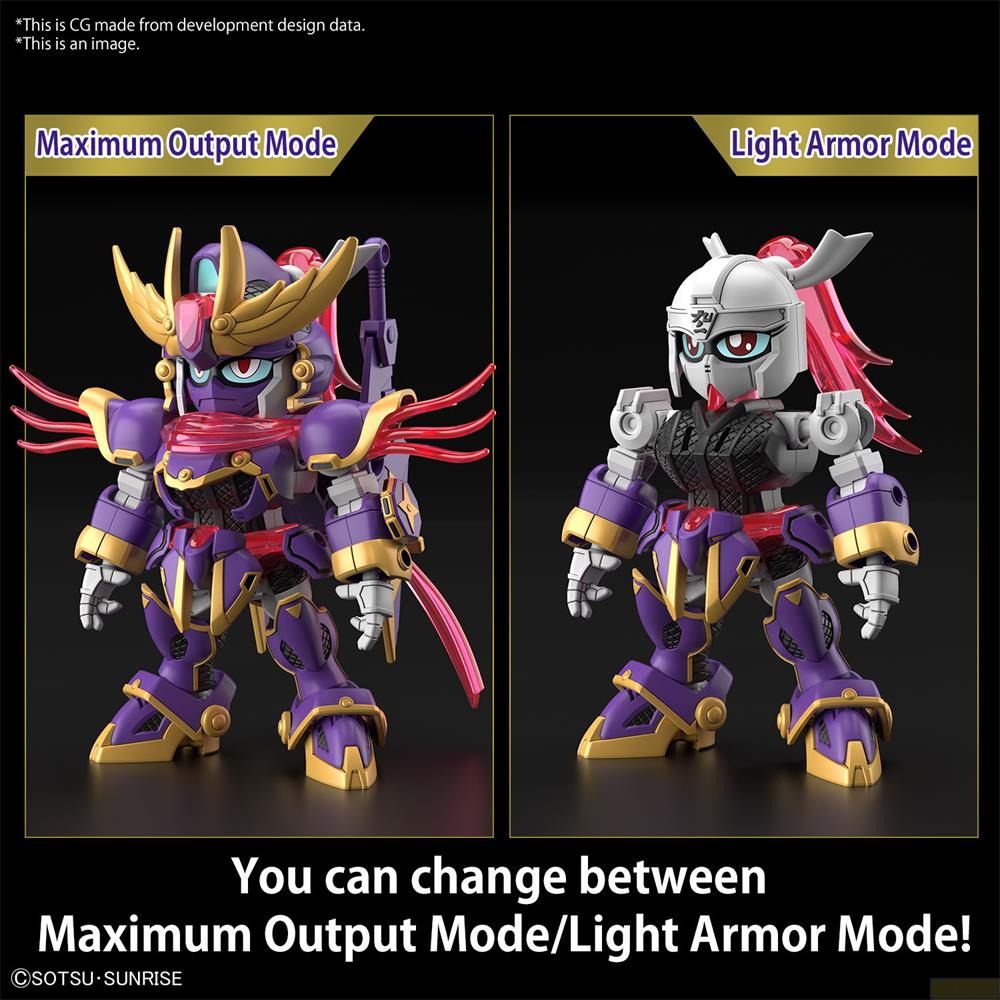 Deux figurines Gundam: une violette/dorée (Mode Puissance Maximale), une blanche/violette (Mode Armure Légère).