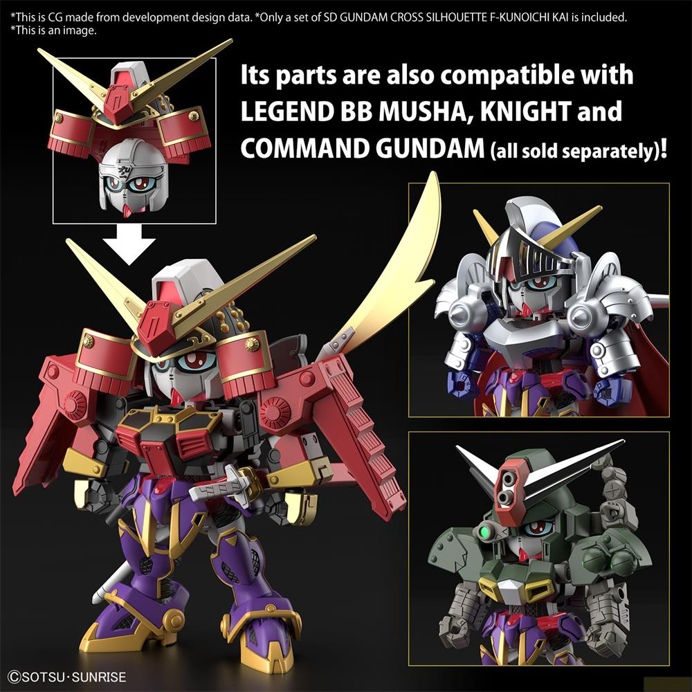 Un robot samouraï avec des parties d'armure rouges et violettes, à côté de deux autres robots.