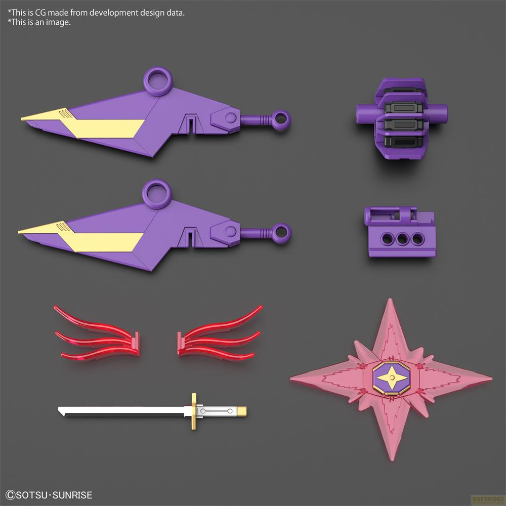Pièces d'armes violettes et jaunes, ailes rouges, épée, présentoir étoile.