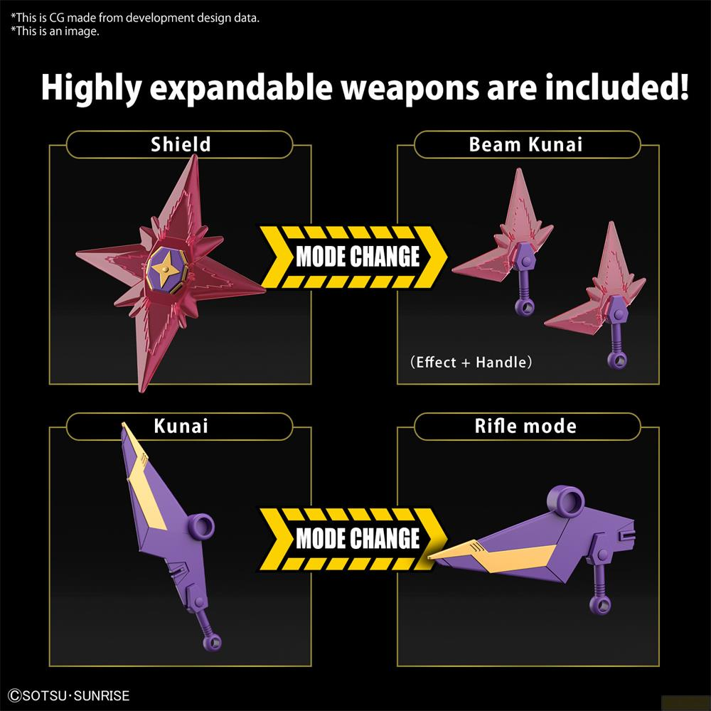 Quatre modes d'arme montrés : Bouclier, Kunai à faisceau, Kunai et mode Fusil.