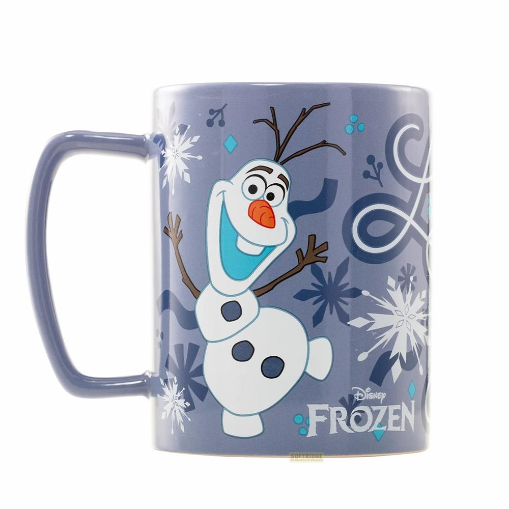 Kubek z Olafem z Krainy Lodu, płatkami śniegu i logo Disney Frozen.