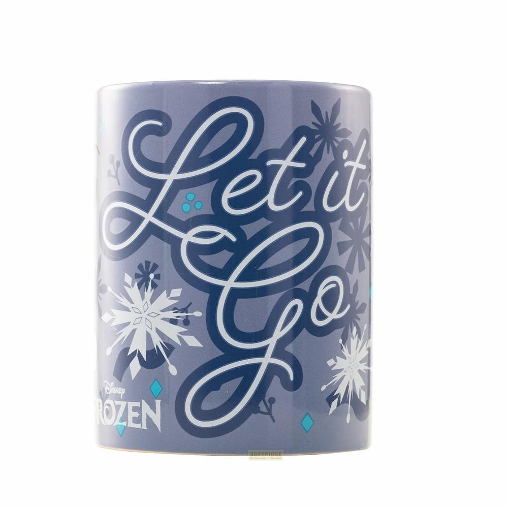 Niebieski kubek ze napisem „Let it Go” i płatkami śniegu.