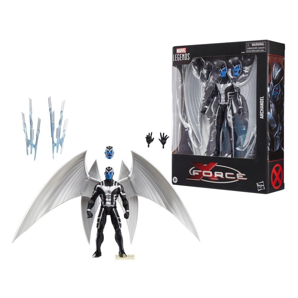 Figura de acción Archangel de Marvel Legends con alas blancas y accesorios.