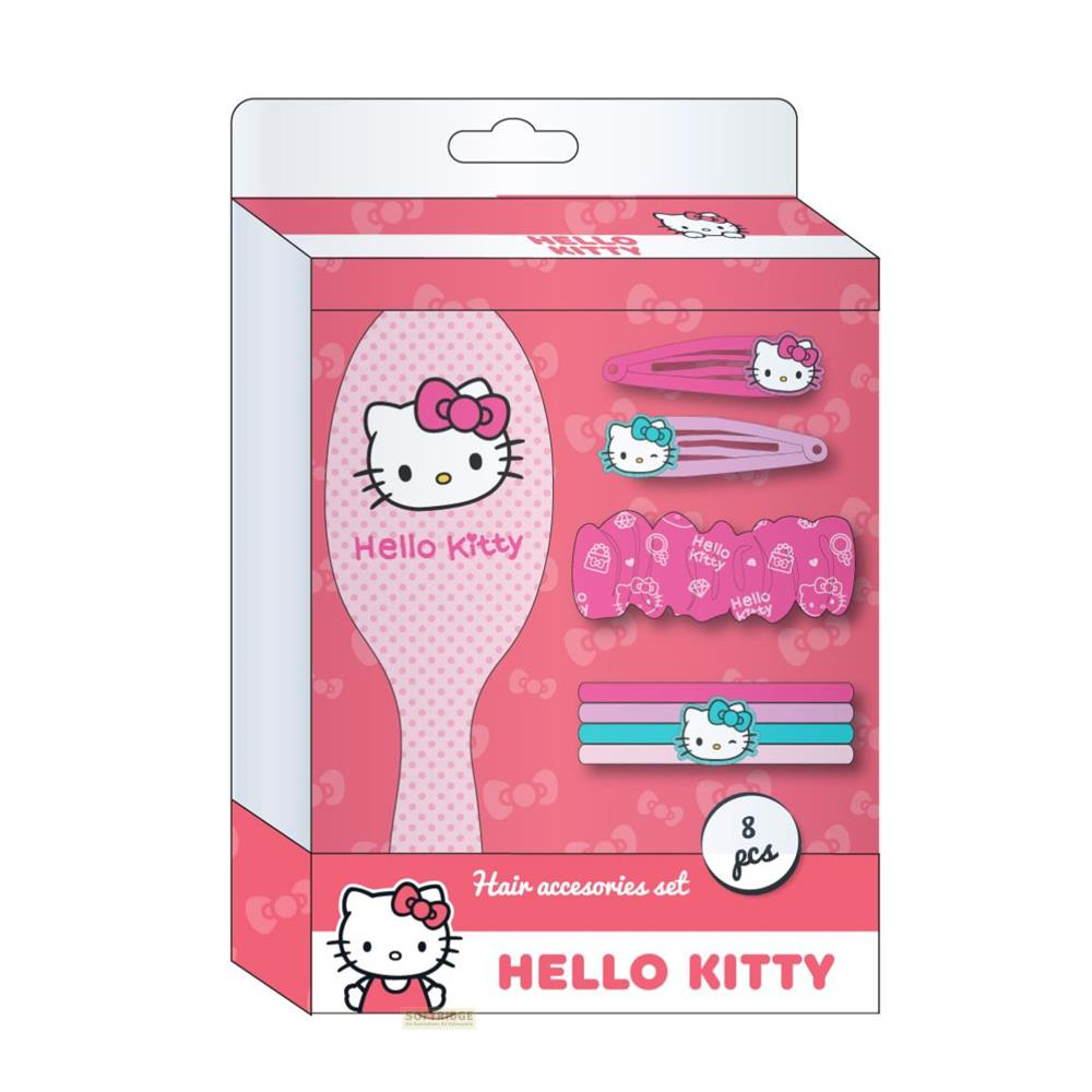 Ein Hello Kitty Haarschmuck-Set mit Bürste und Haarklammern in Rosa und Türkis.