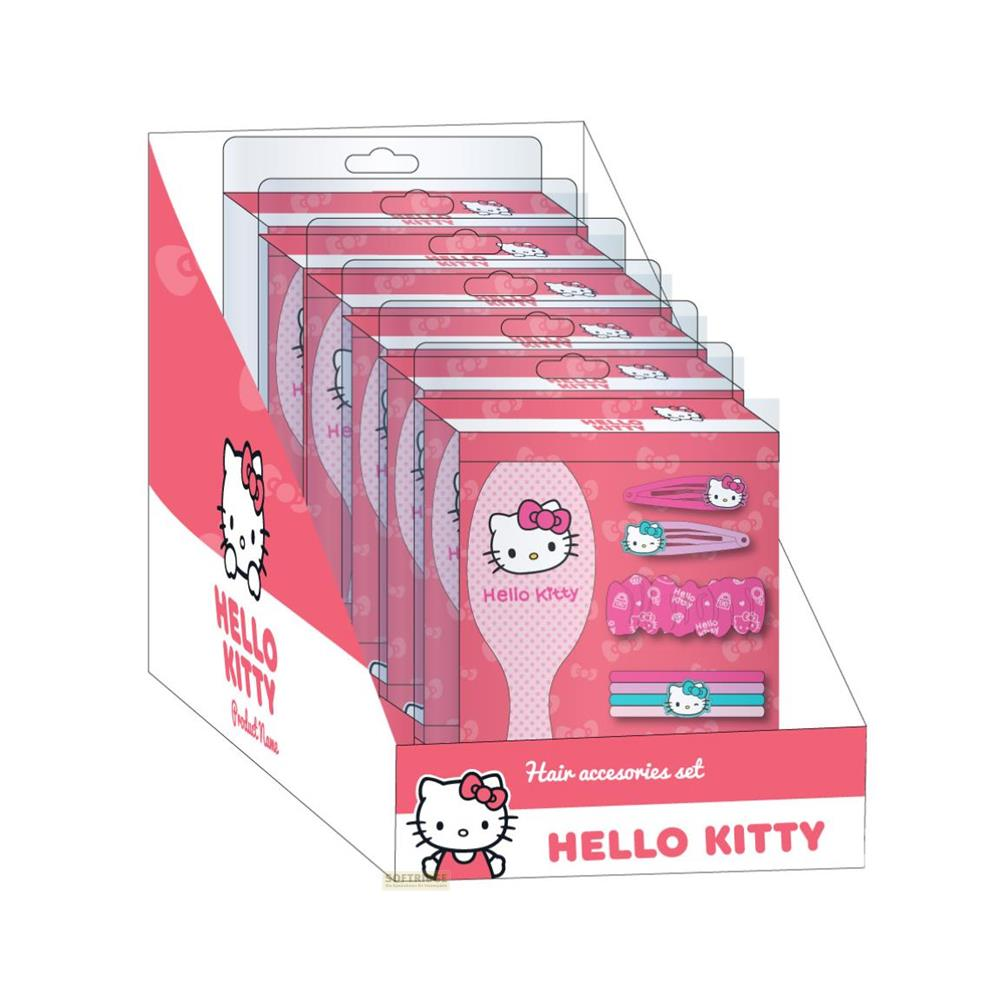 Hello Kitty Haarschmuck-Set mit Bürste und Clips in Rosa und Weiß.