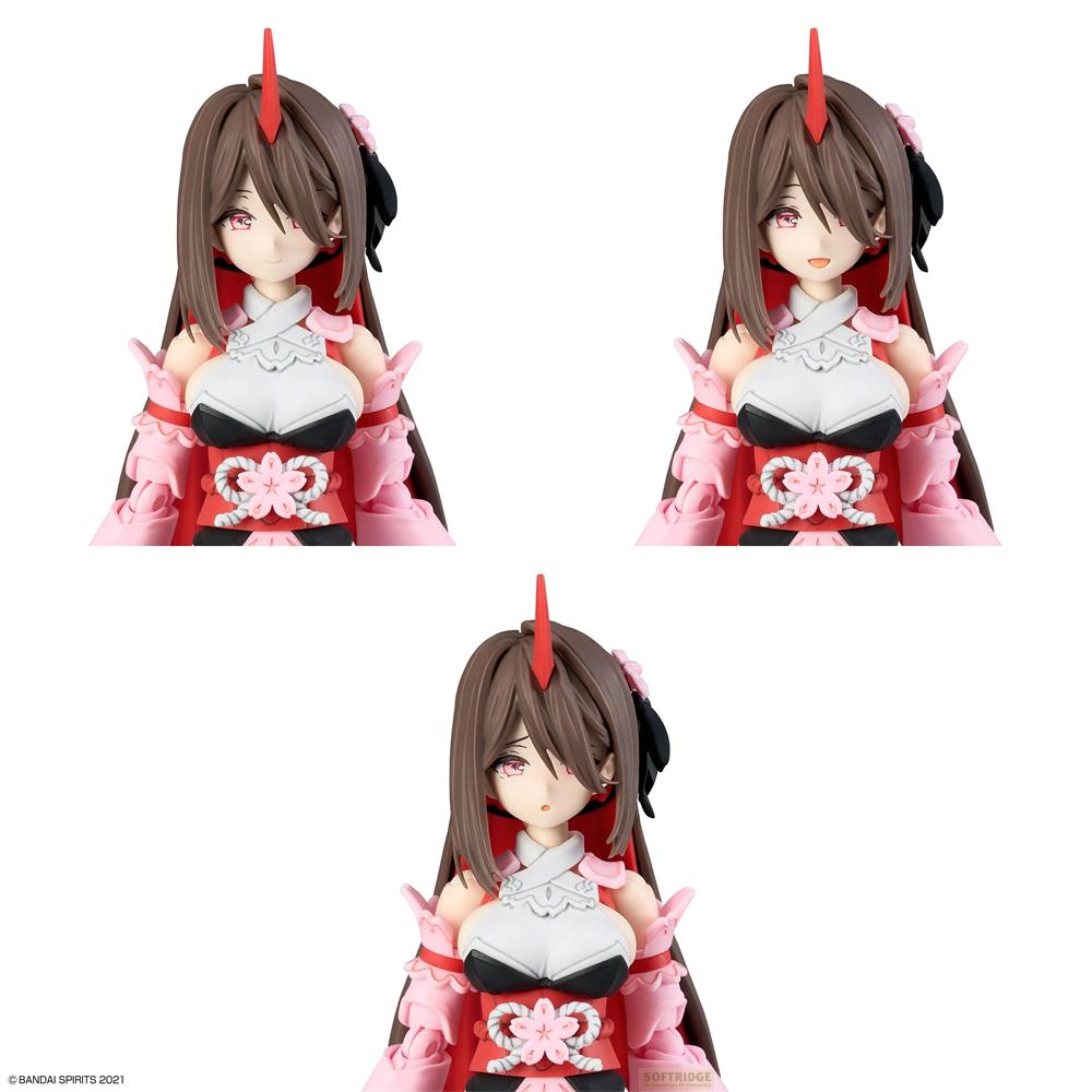 Trois figurines d'anime en tenues roses et blanches avec des cornes rouges.