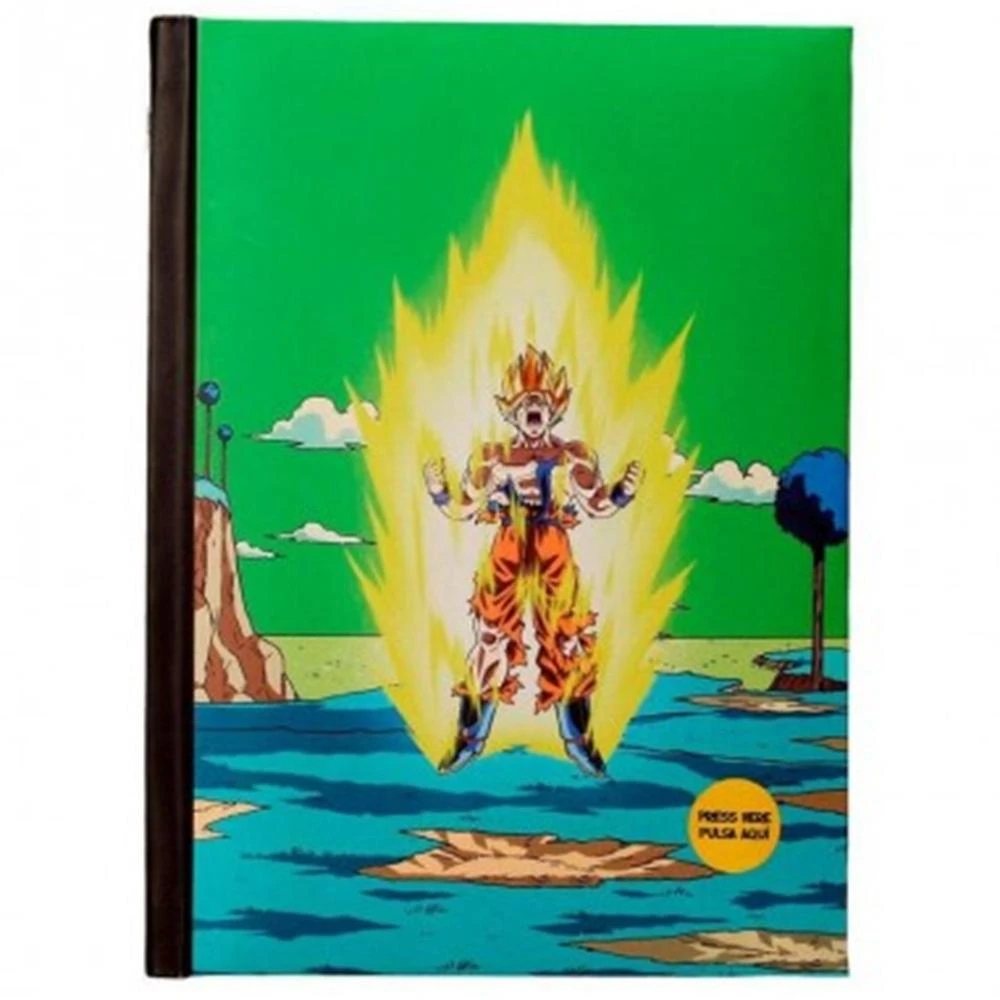 Goku in Super-Saiyajin-Form auf einem grünen Hintergrund mit einer Landschaft.