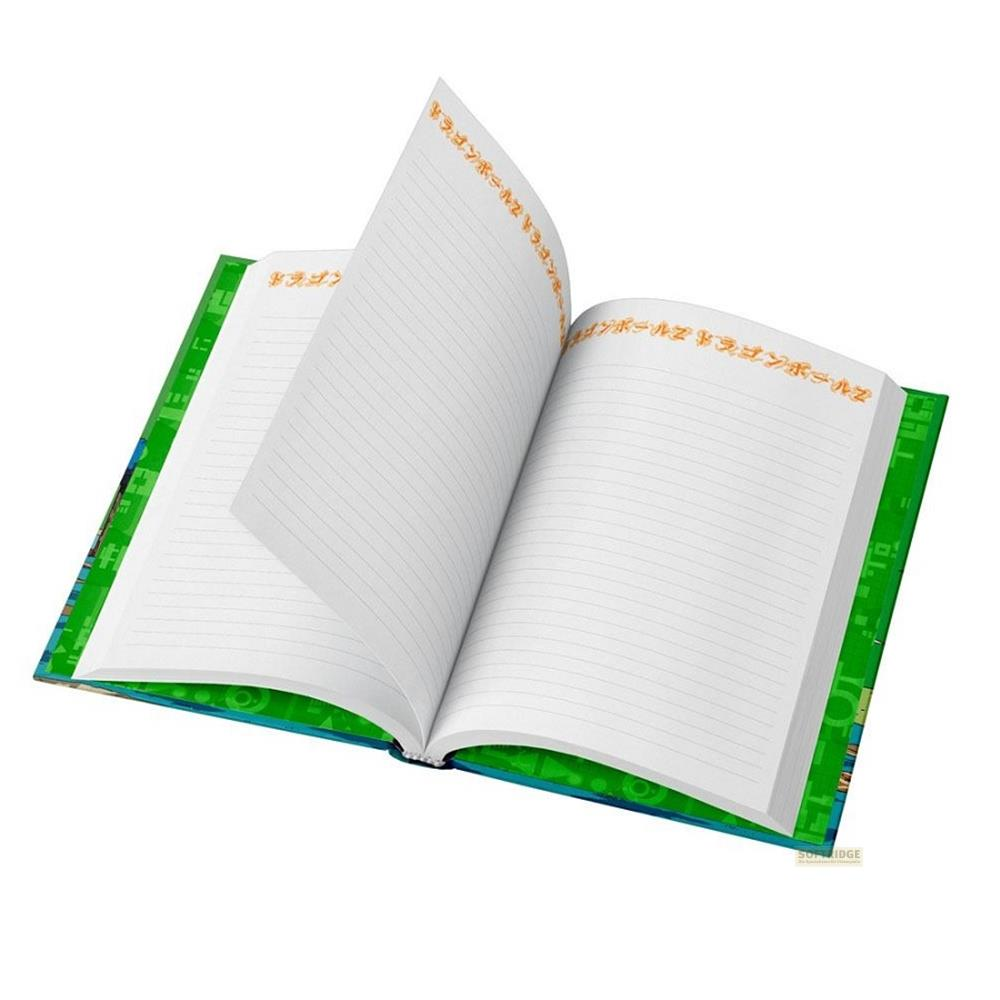 Ein offenes Notizbuch mit linierten Seiten und einem Dragon Ball Z-Design.