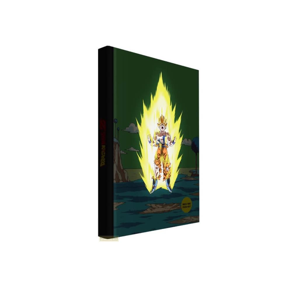 Goku in Super-Saiyajin-Form mit gelber Aura vor einem grünen Hintergrund.