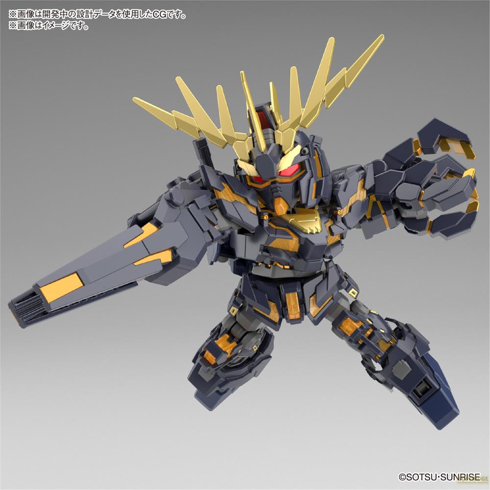 Modèle Gundam gris foncé et or avec des yeux rouges et un fusil.