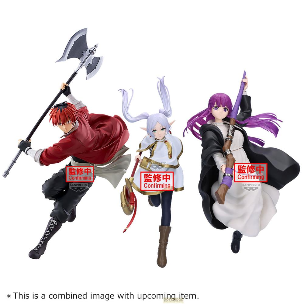 Tres figuras de anime: hombre con hacha, elfa con bolsa, mujer con rifle.