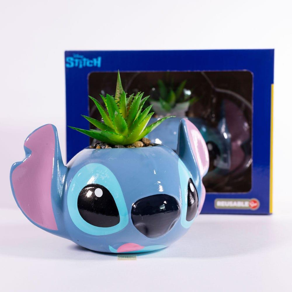 Una maceta azul de Stitch con una suculenta verde y una caja al fondo.