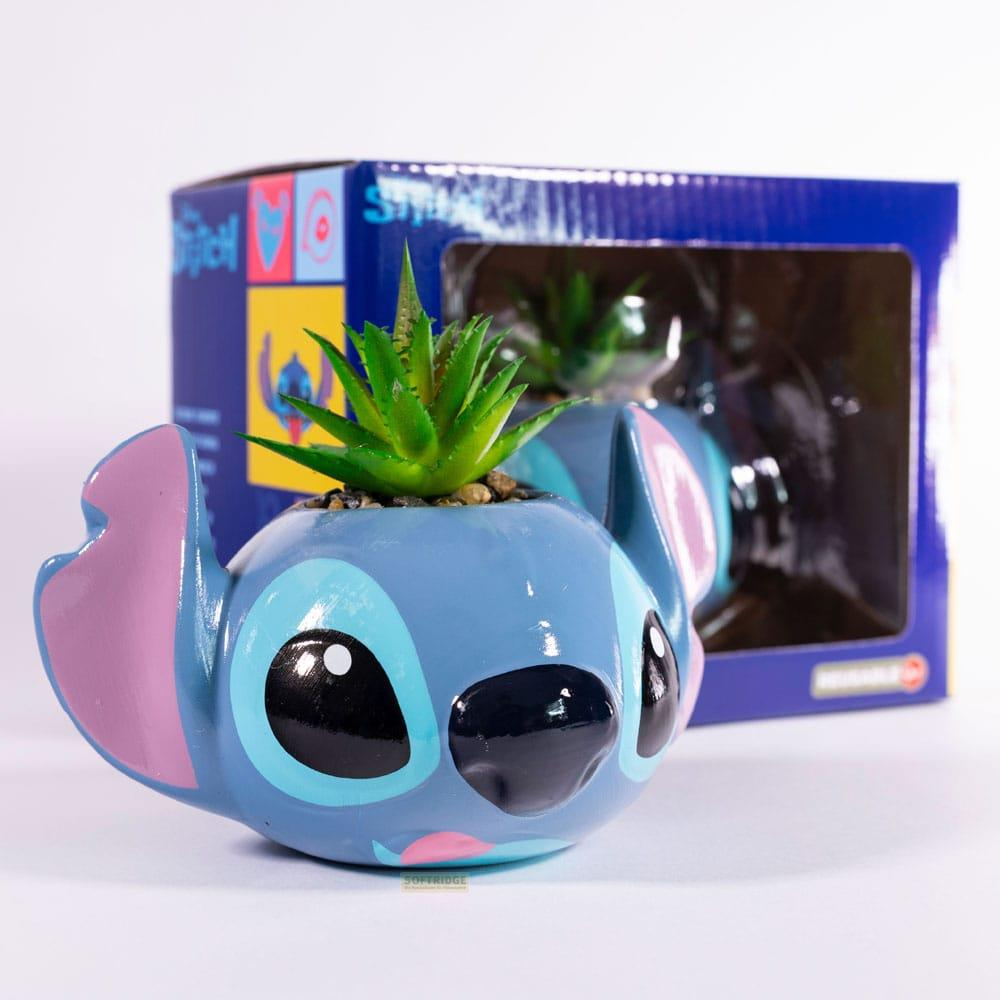 Una maceta azul de Stitch con una planta suculenta y una caja al fondo.