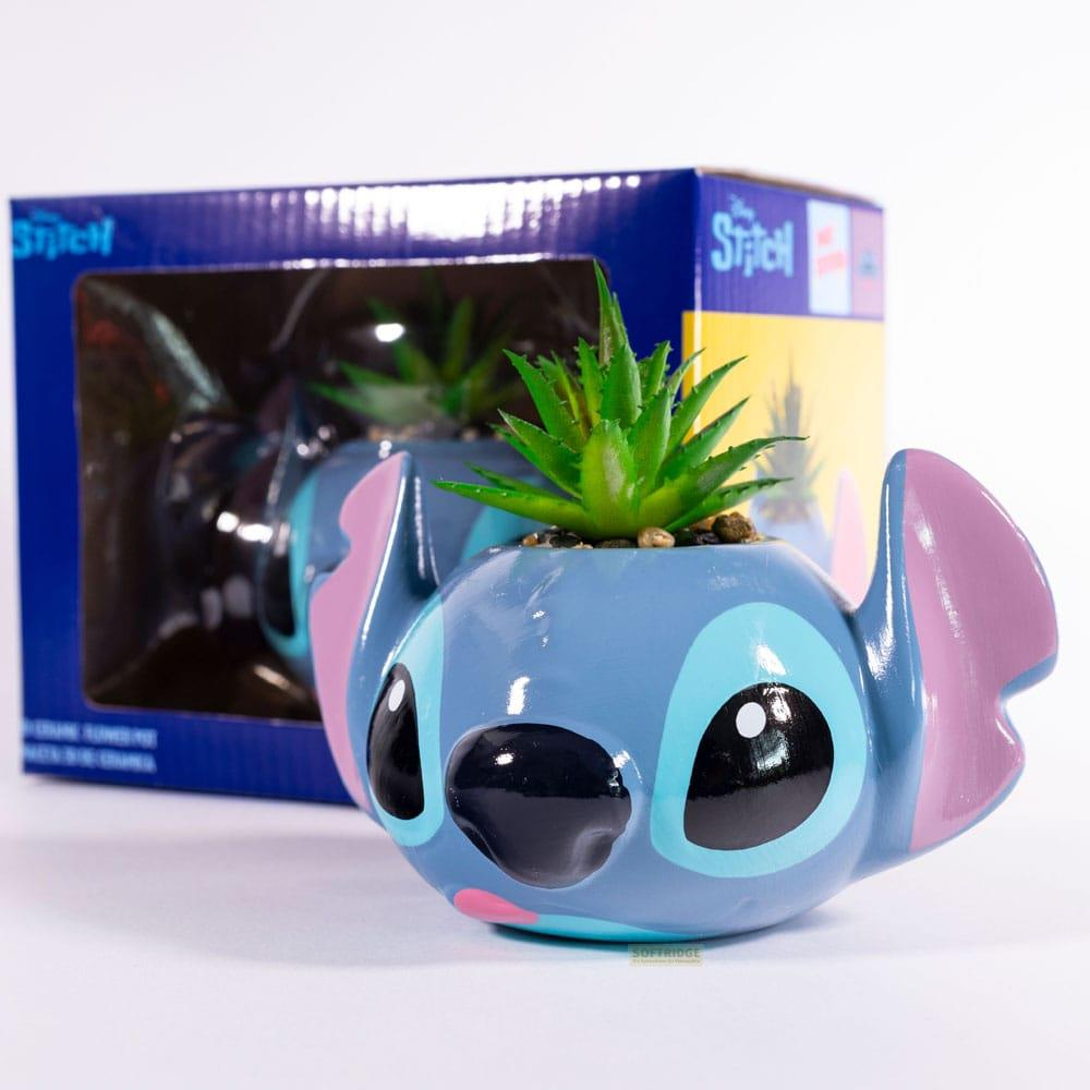 Una maceta azul de Stitch con una planta suculenta delante de su caja.