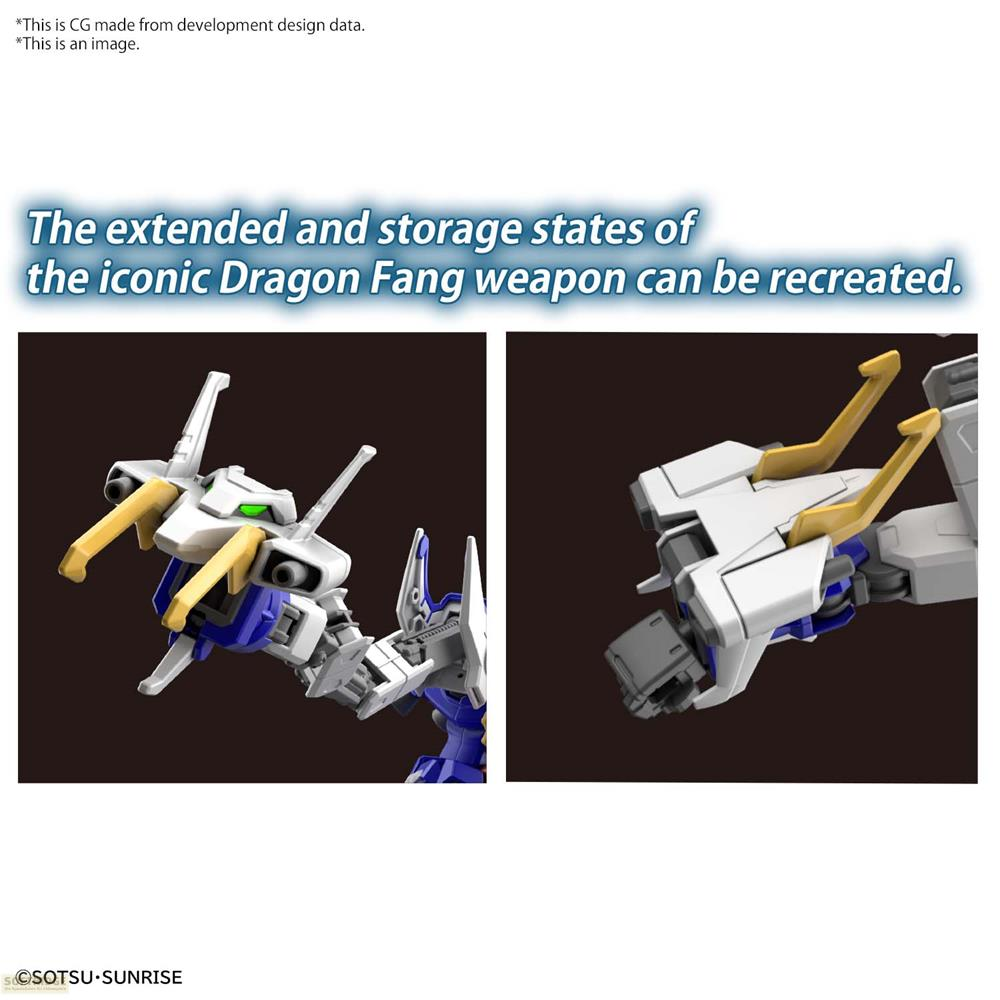 Zwei Ansichten eines weißen und blauen Roboters mit gelben Akzenten, der eine Waffe hält.